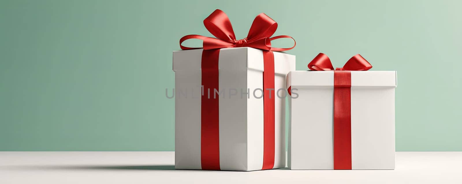 Gift boxes with red ribbons, white surface, teal background, celebration, gifting opportunity.