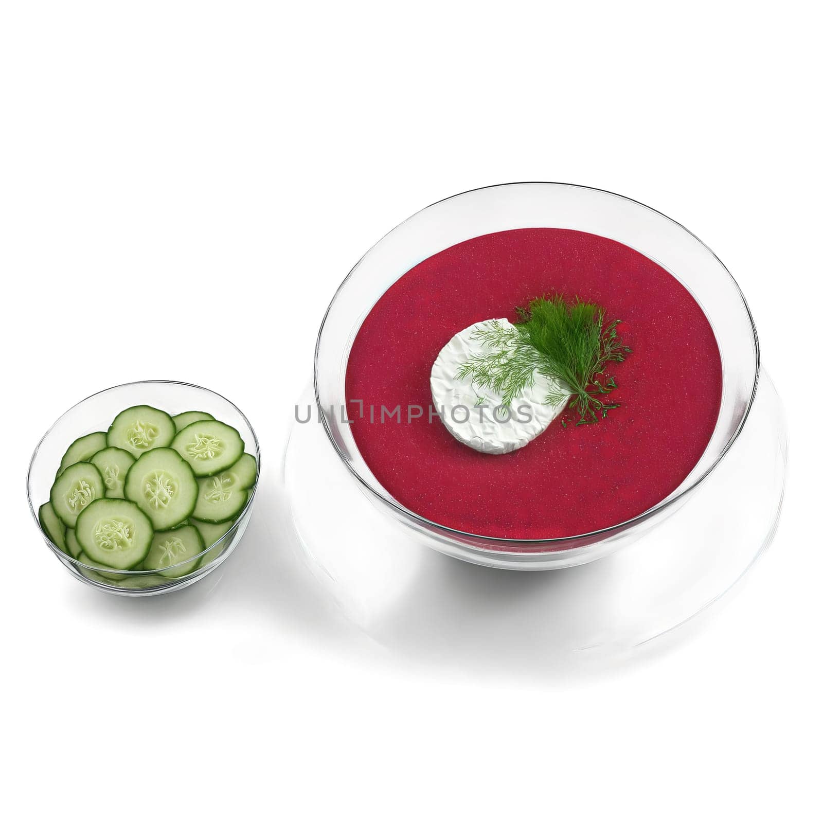 Refreshing gazpacho bowl with chilled beet soup goat cheese crumbles diced cucumbers and dill served. close-up food, isolated on transparent background