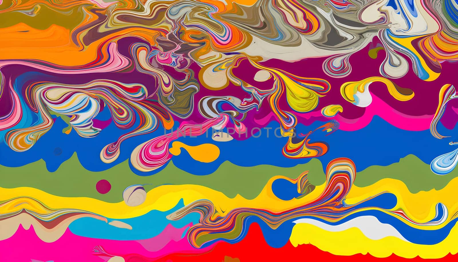 Horizontal background with spilled paint of different colors, bright colorful background by Annado