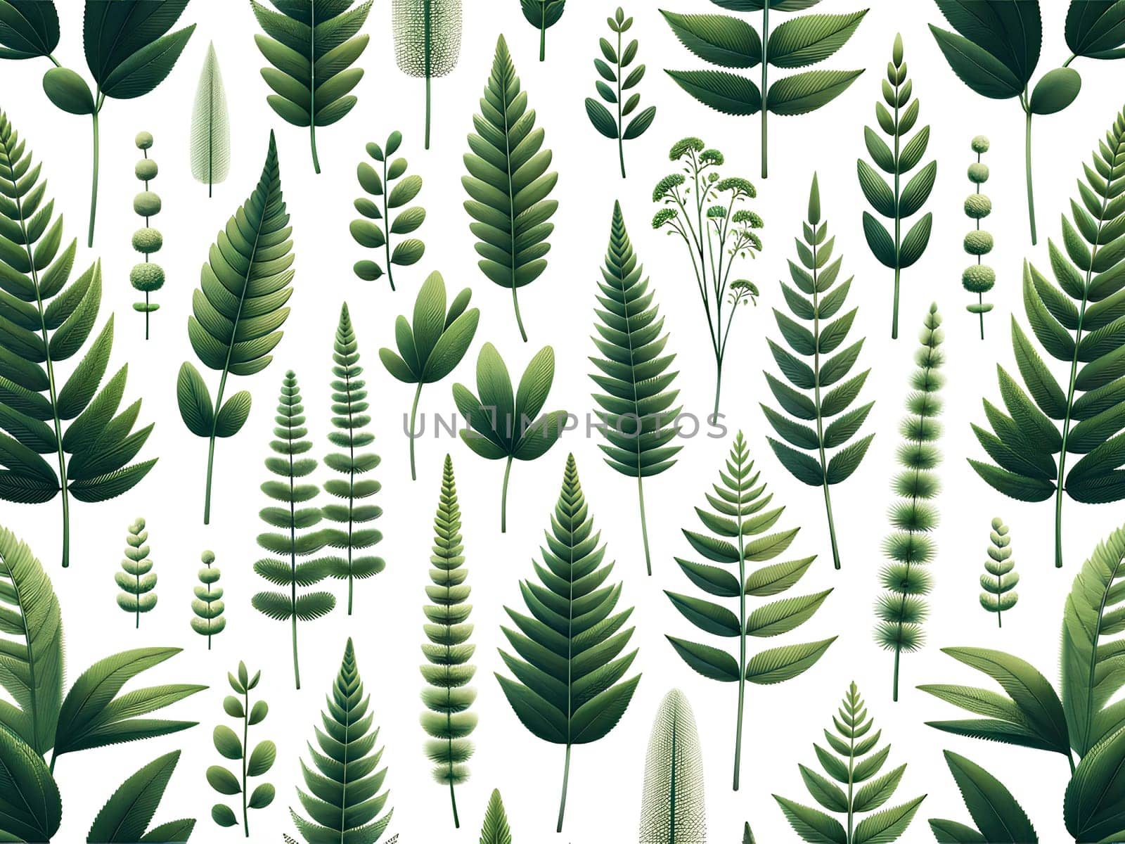 Horizontal pattern with green horsetail leaves on a white background by Annado