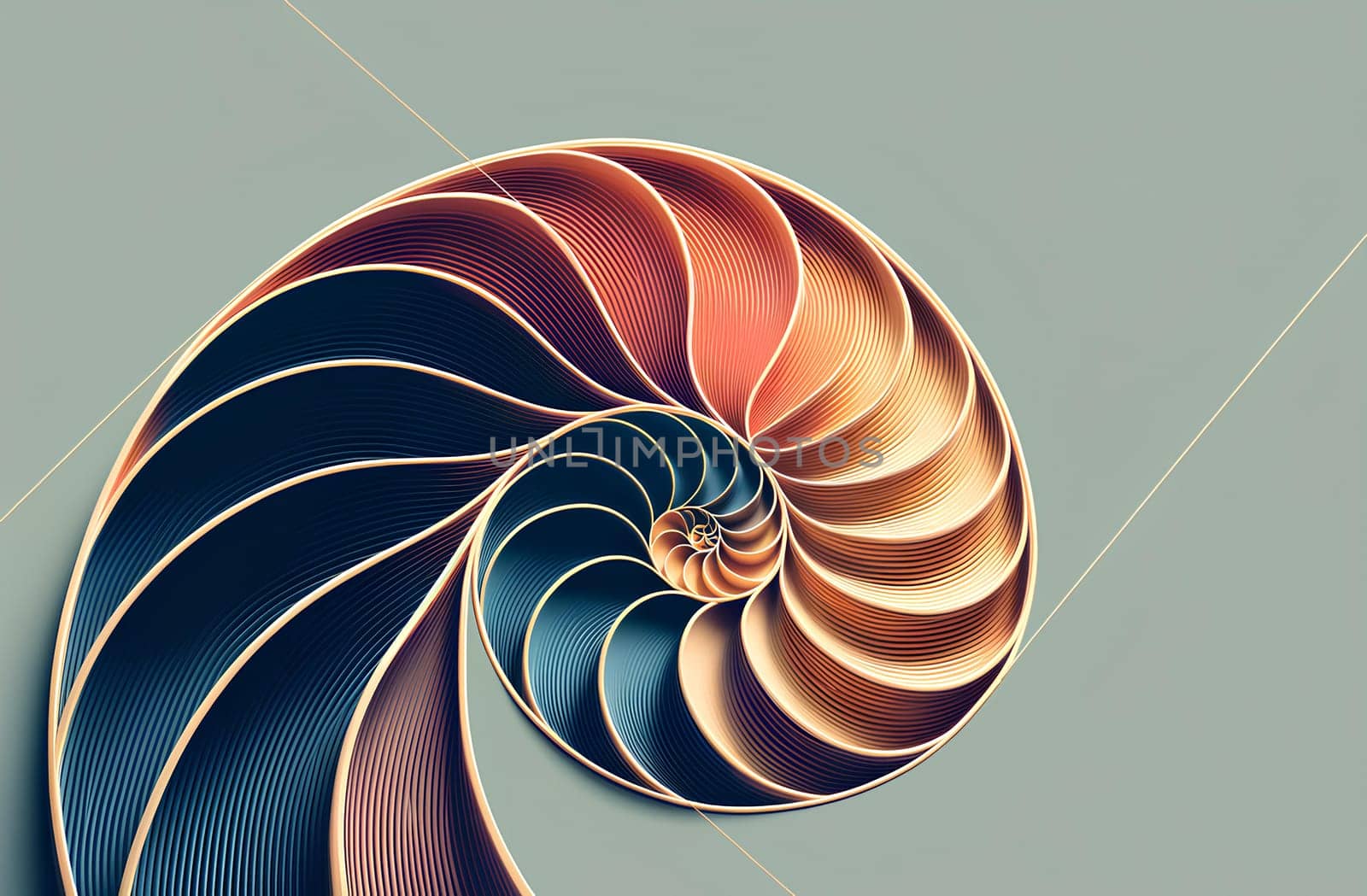Spiral Fibonacci pattern in different tones with plenty of copy space on a gray background.
