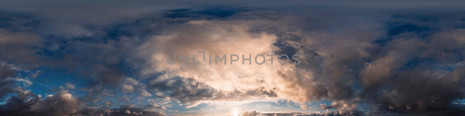 Bright sunset sky panorama with Cirrus clouds. Seamless hdr spherical equirectangular 360 panorama. Sky dome or zenith for 3D visualization, game and sky replacement for aerial drone 360 panoramas.