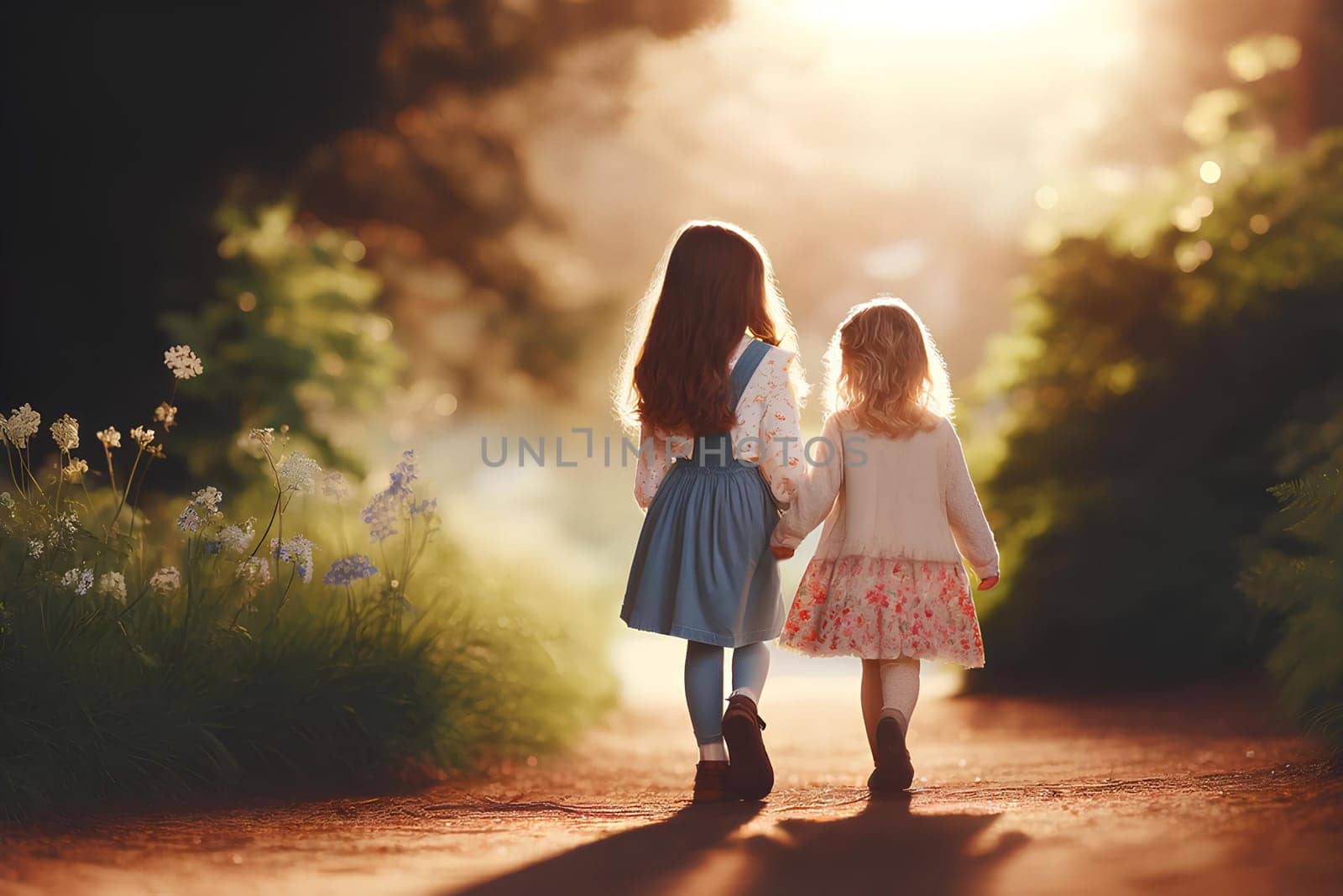 two little girls walking hand in hand along a path in the park, rear view by Annado