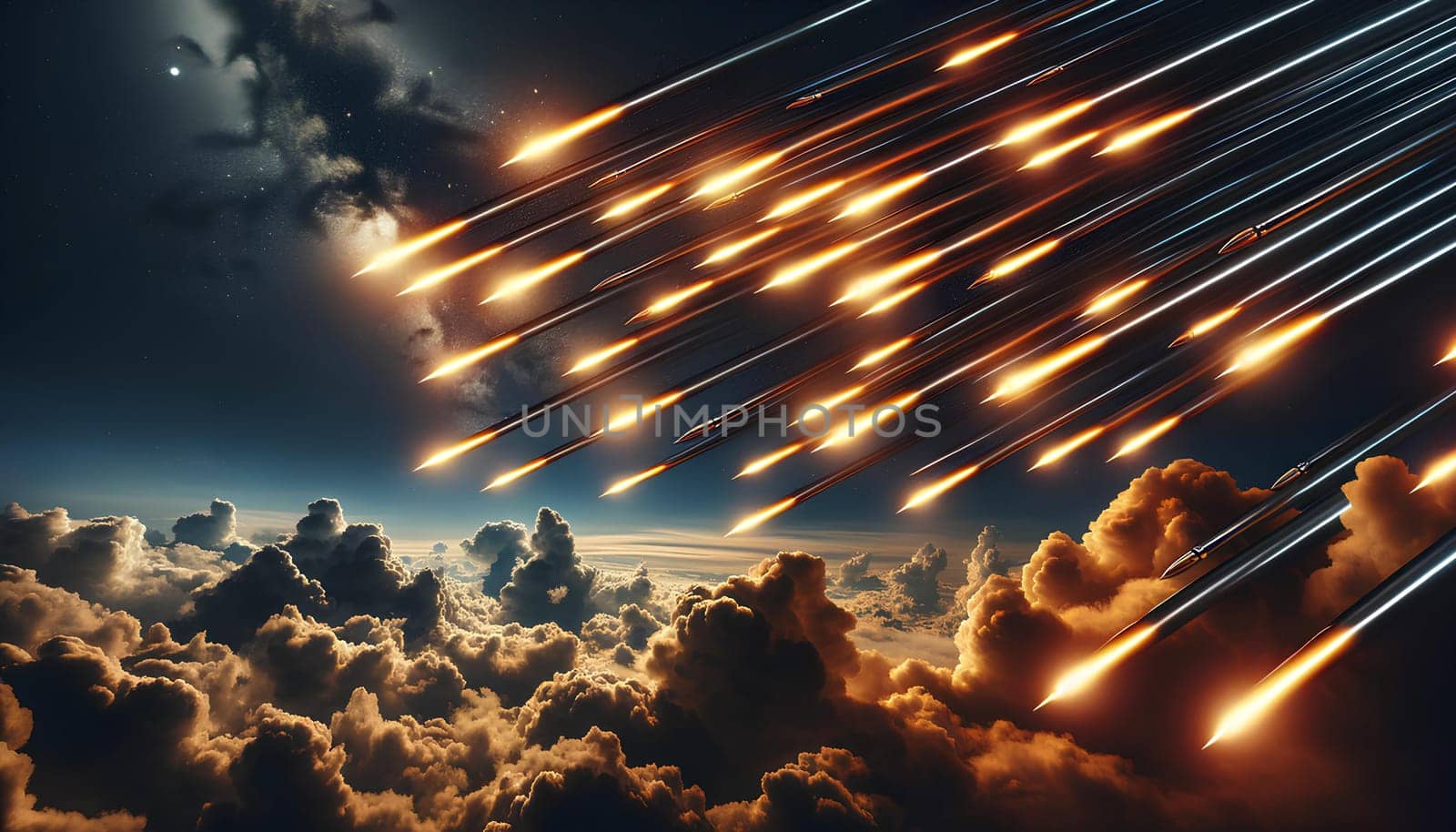 tracer bullets flying into the clouds at night, dark night sky with clouds illuminated by a glowing trail.