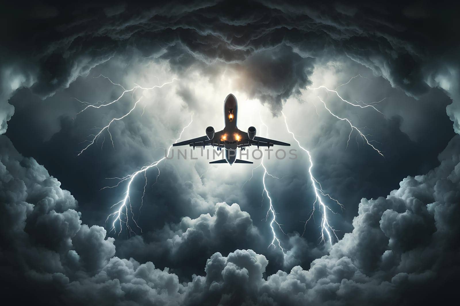 airplane with burning lights flying through a thunderstorm by Annado