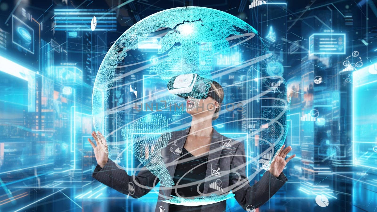 Businesswoman looking around analyzed world circle finance data graph turn on through VR glasses global market interface digital infographic network technology visual hologram animation. Contraption.