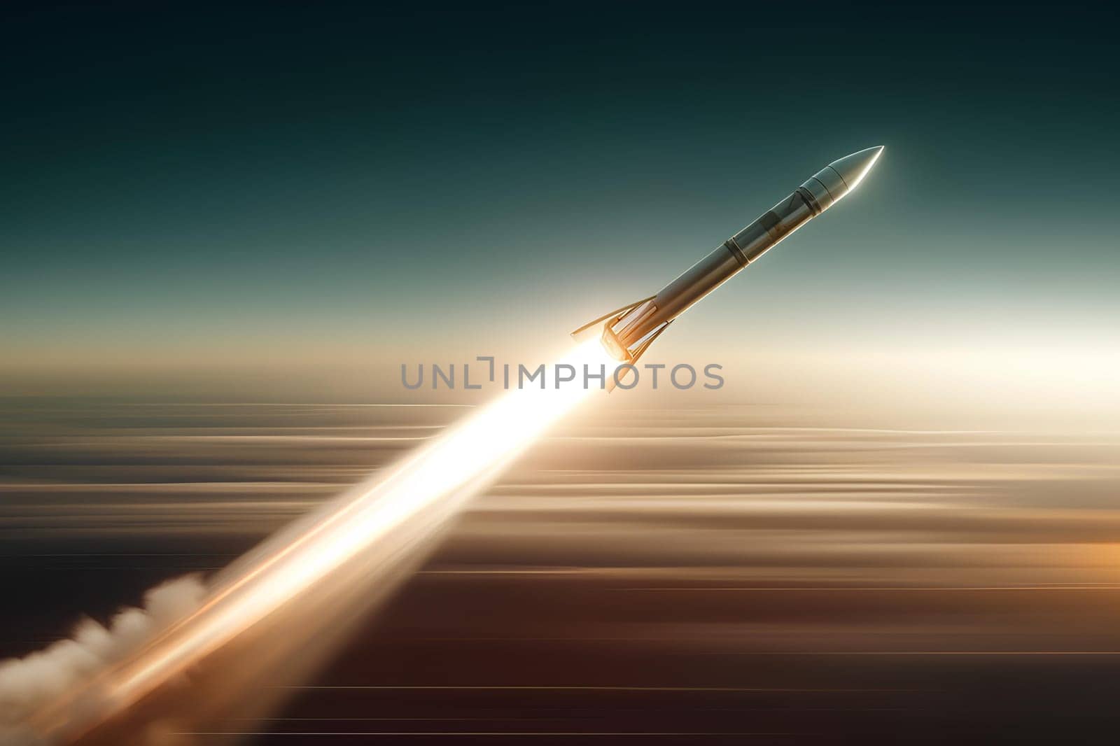 a flying rocket with a bright trail and a plume of exhaust gases showing its path.