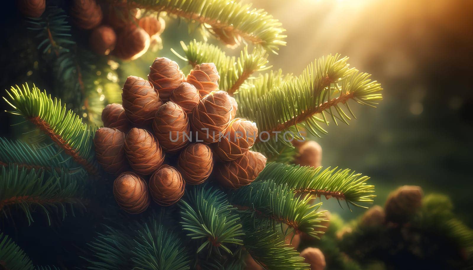 pine cones on a tree close-up in sunlight by Annado