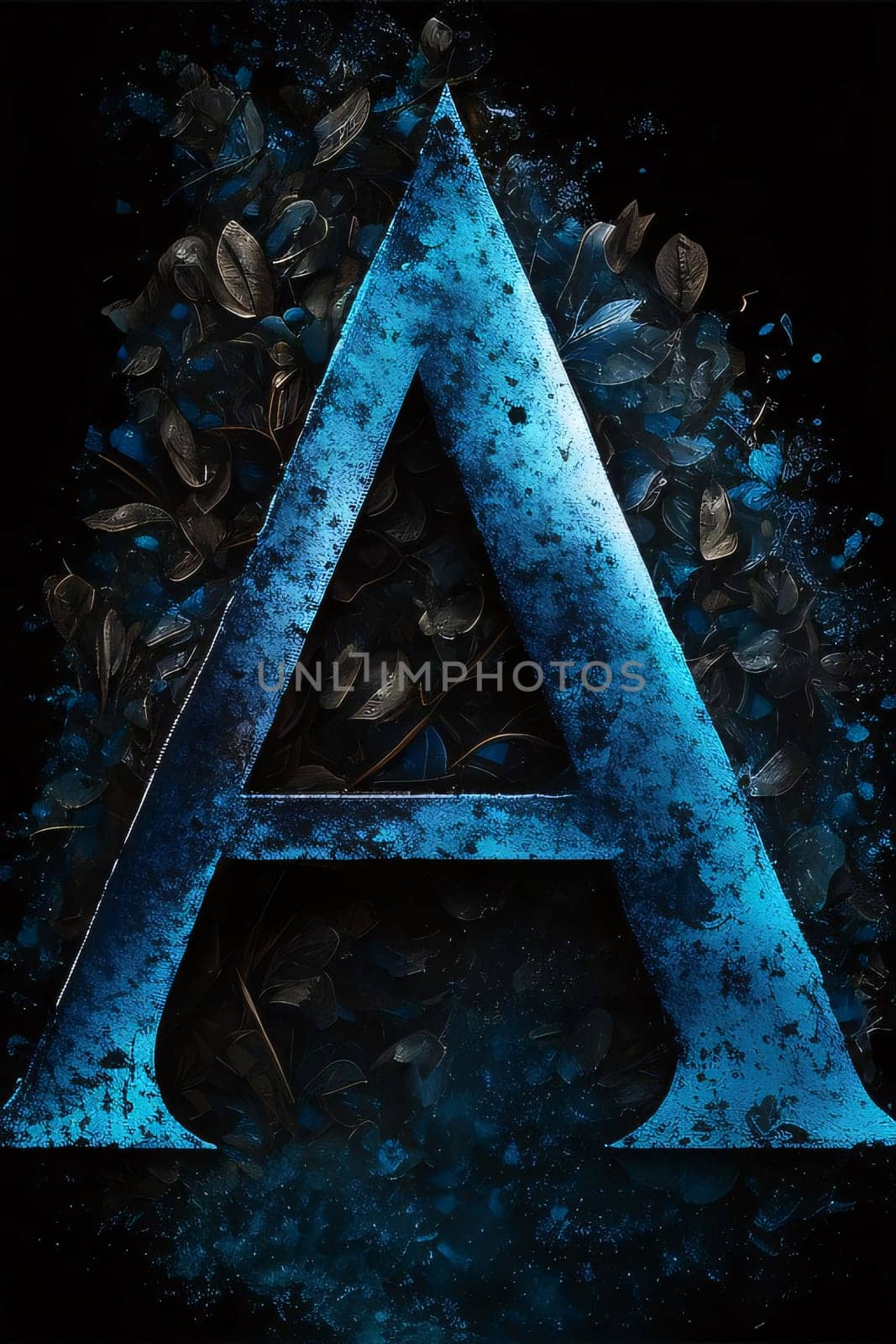 Blue grunge font on a black background. Letter A with leaves by ThemesS