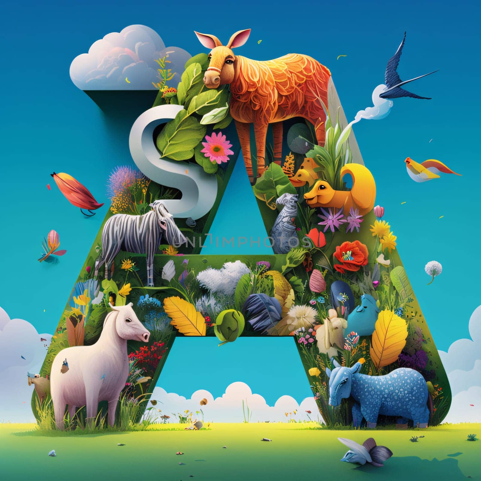 Graphic alphabet letters: Alphabet letter A with animals in the garden. Vector illustration.