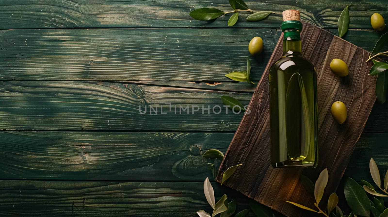 Olive oil bottle ad background with copyspace, vegetable oil commercial produce, food industry and retail concept