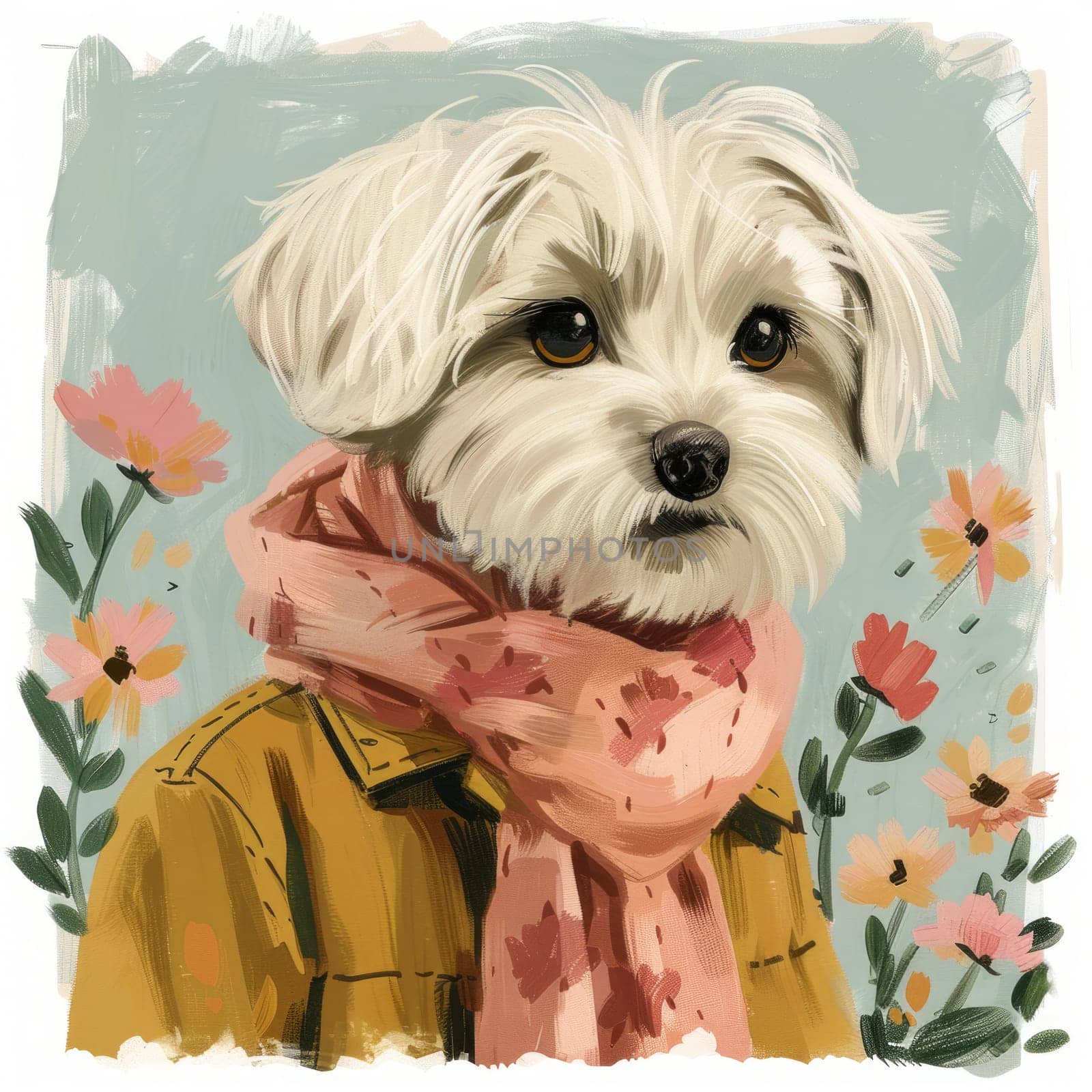 Cute Adorable Poster with Maltese Dog and Flowers. Pastel Puppy Illustration. Ai generated