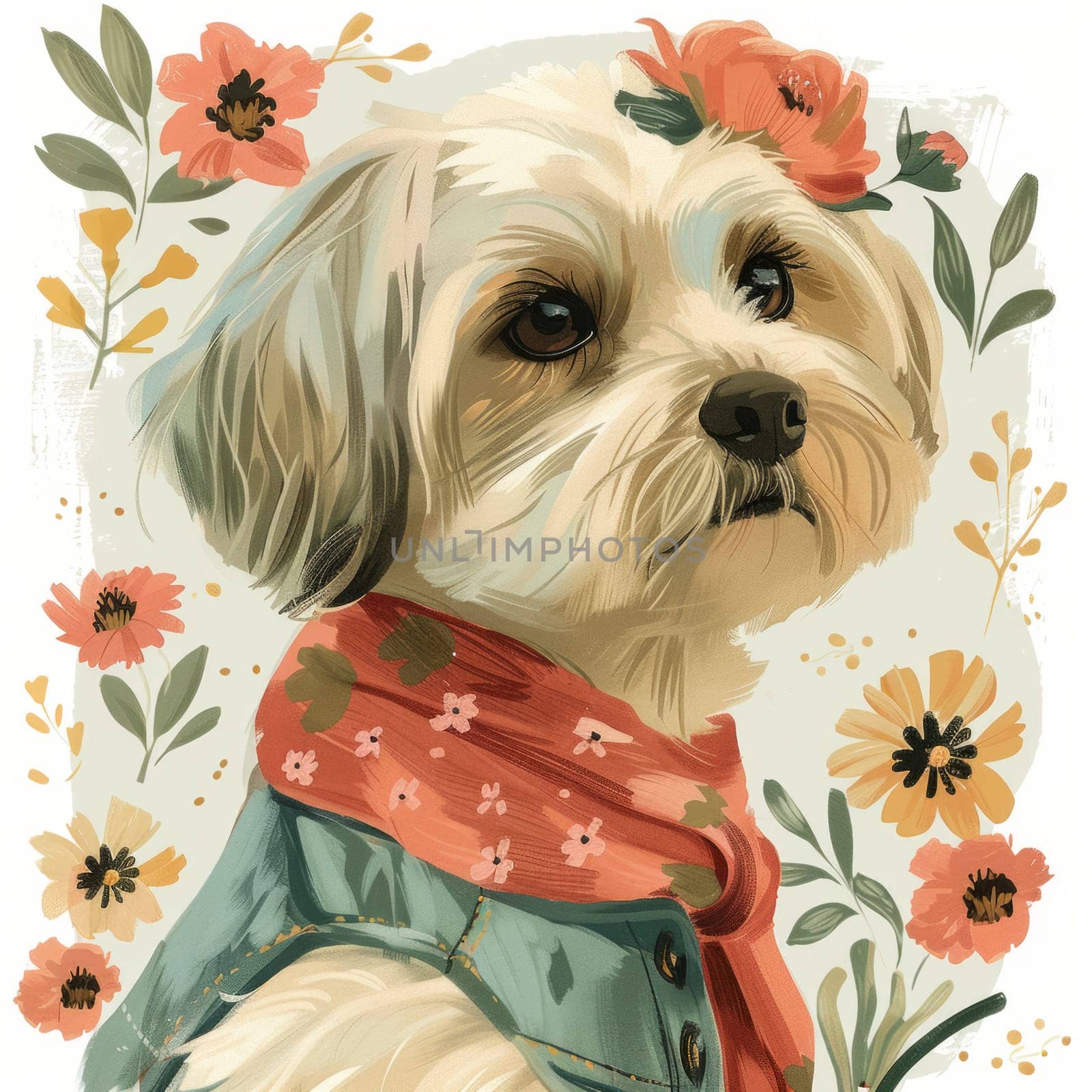 Cute Adorable Poster with Maltese Dog and Flowers. Pastel Puppy Illustration. Ai generated