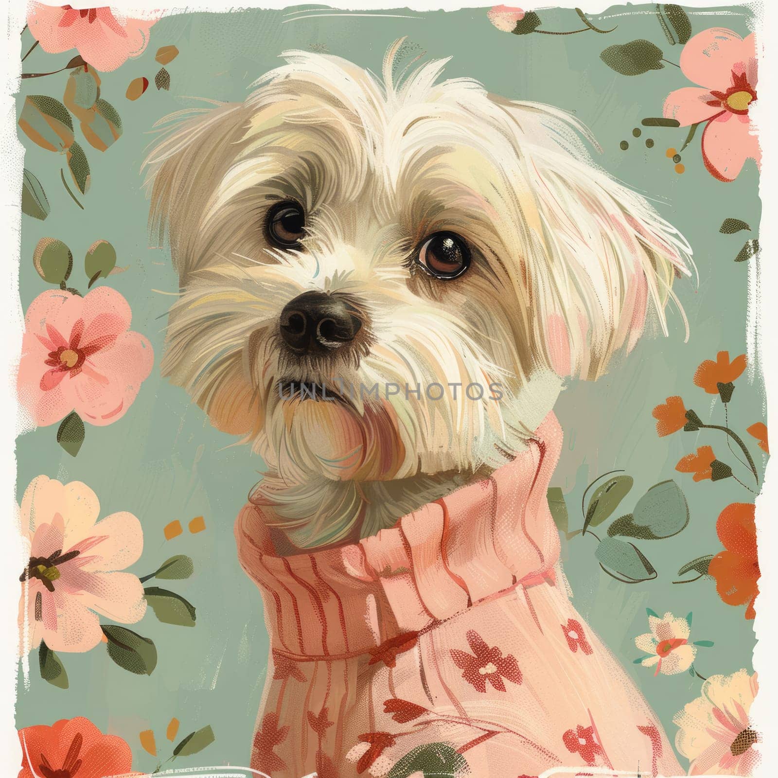 Cute Adorable Poster with Maltese Dog and Flowers. Pastel Puppy Illustration. Ai generated