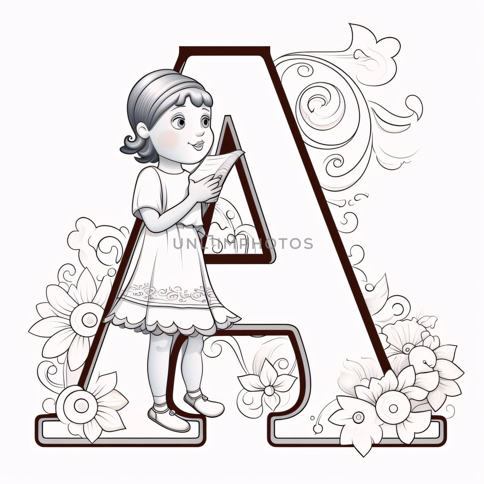 Graphic alphabet letters: Vector capital letter A with cute girl and flowers. Capital letter for coloring book.