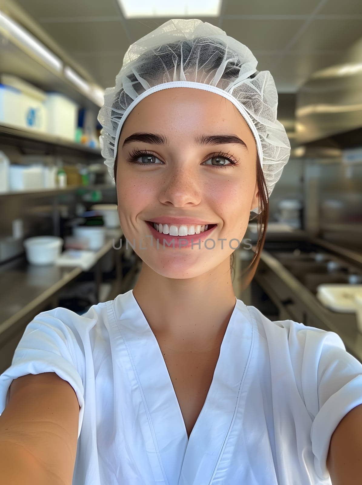 A woman in a white hat is happily smiling while cooking in the kitchen, showcasing her fashion accessory as part of her cooking uniform