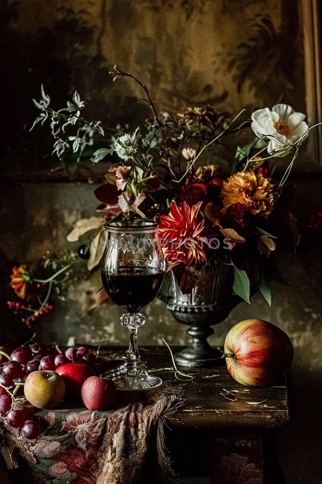 Classic floral still life fine art print, composition with rich arrangement of flowers and fresh fruits and a glass of wine, accented by lush vintage florals, English countryside art style design