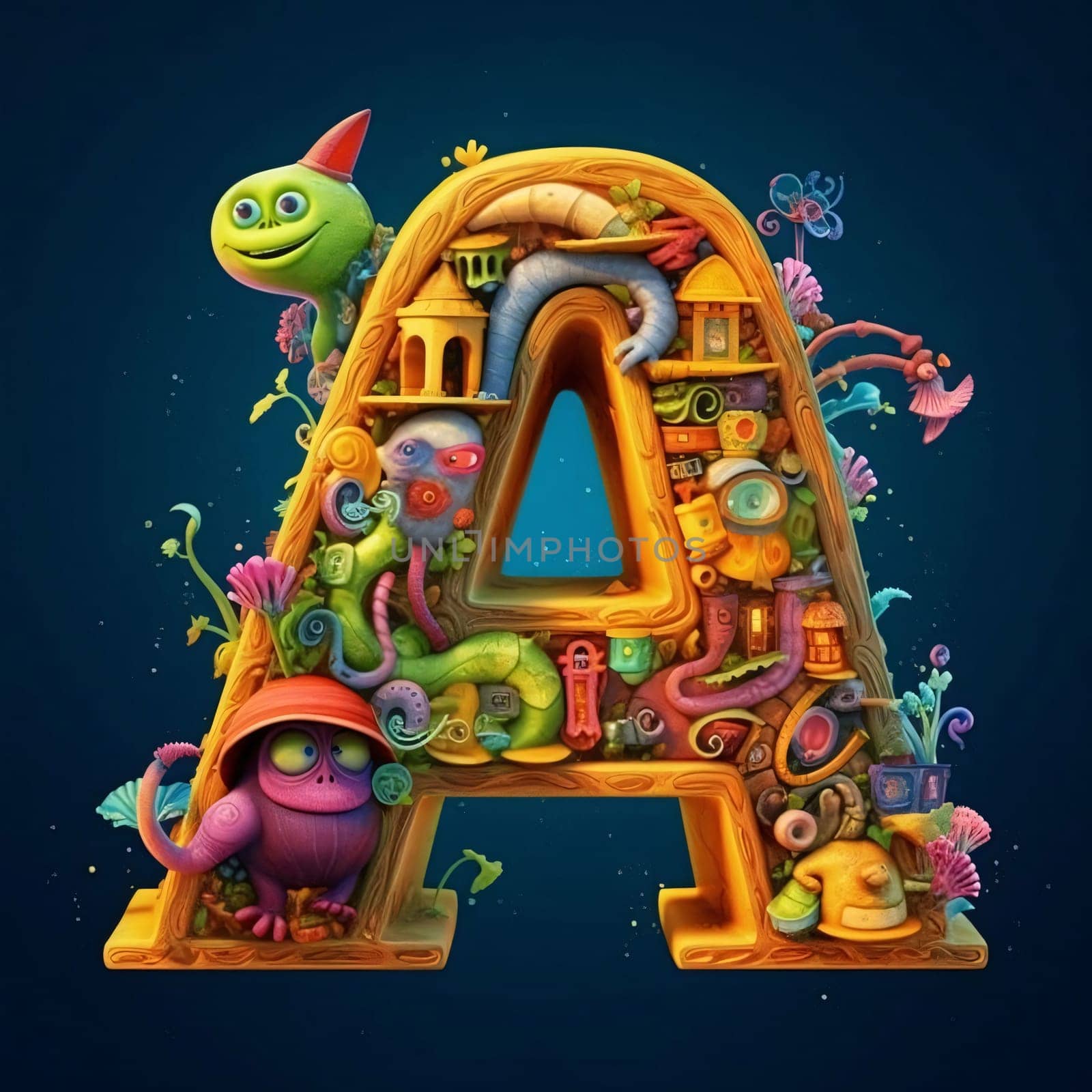 Graphic alphabet letters: Cartoon monster letter A for kids - illustration for children's book