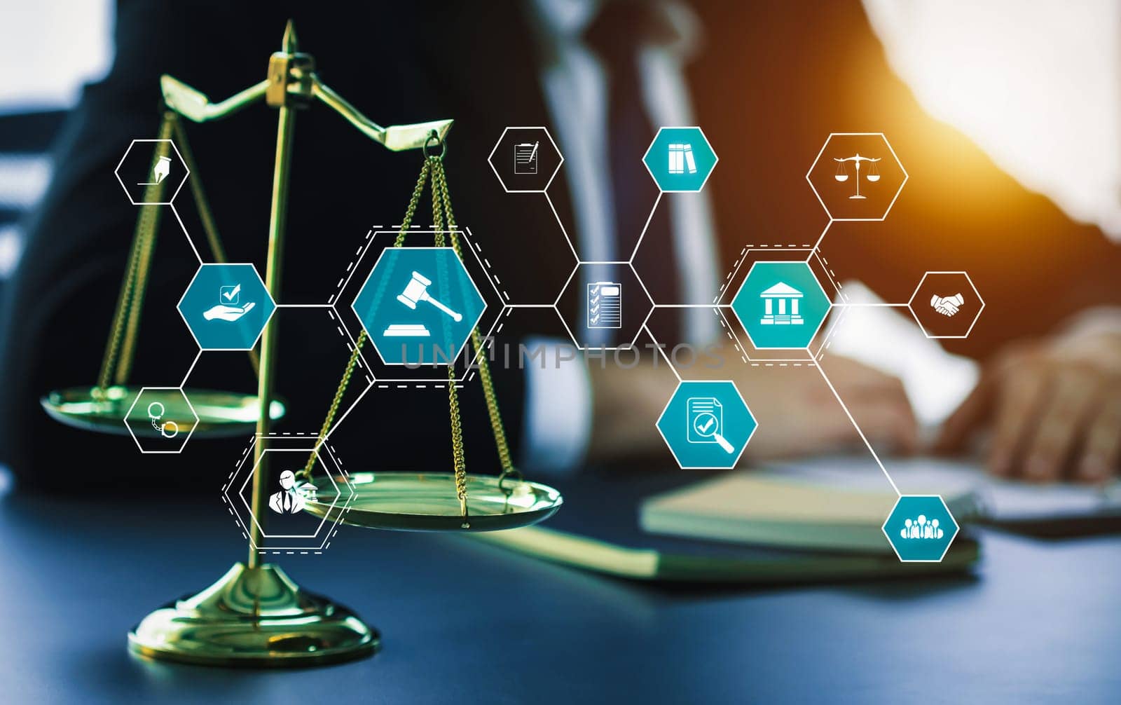 Smart law, legal advice icons and lawyer working tools in the lawyers office showing concept of digital law and online technology of savvy law and regulations .