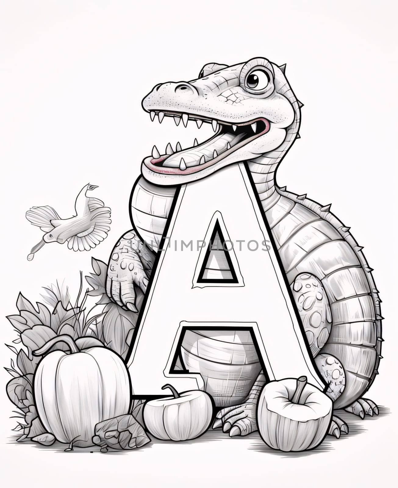 Cute crocodile alphabet letter A with pumpkins and birds illustration. by ThemesS