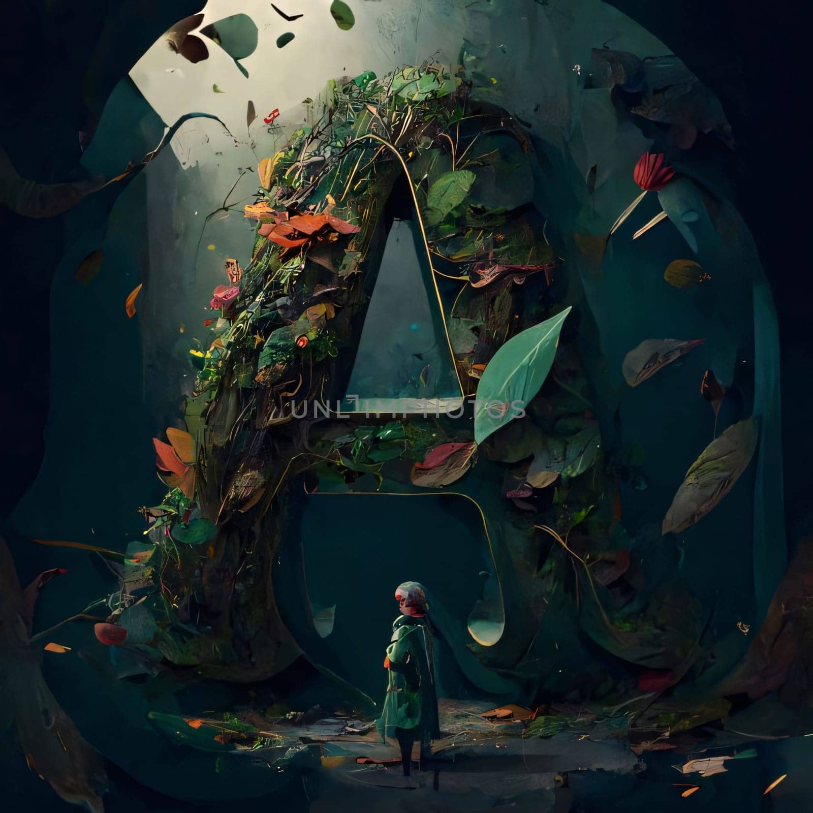 Graphic alphabet letters: 3D rendering of an old woman in a green dress standing in the middle of a dark forest.