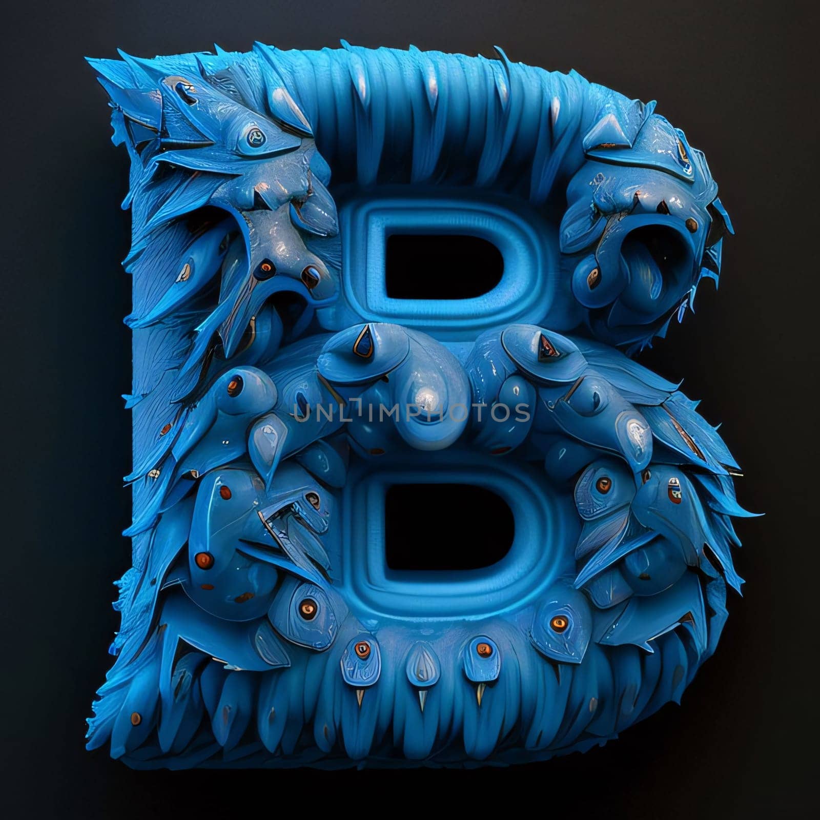 Graphic alphabet letters: Alphabet made of blue monster. Letter B. 3D rendering