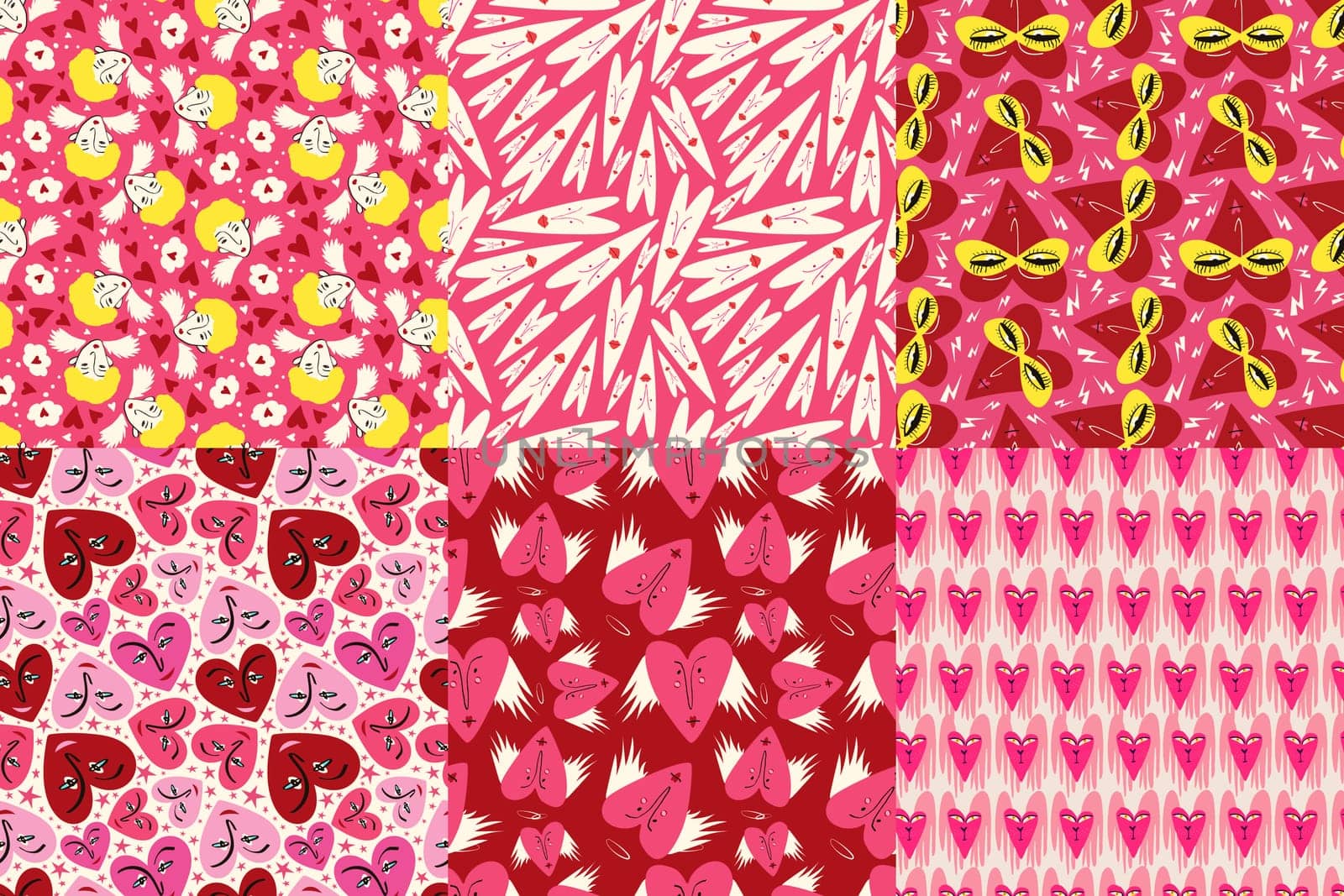 Valentines Day set of Bright and Cool Seamless Patterns. Pattern with Cool Quirky Playful Bright Hearts and characters