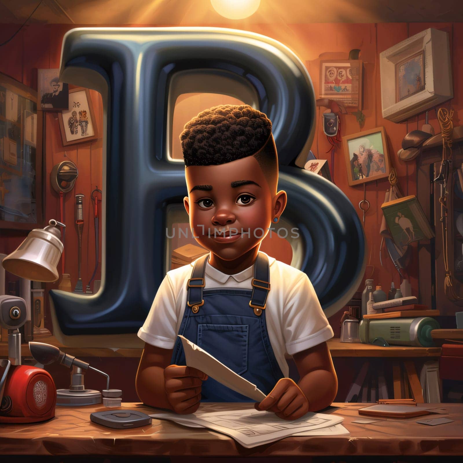 Graphic alphabet letters: Cute African American boy in a cafe reading a letter from the alphabet