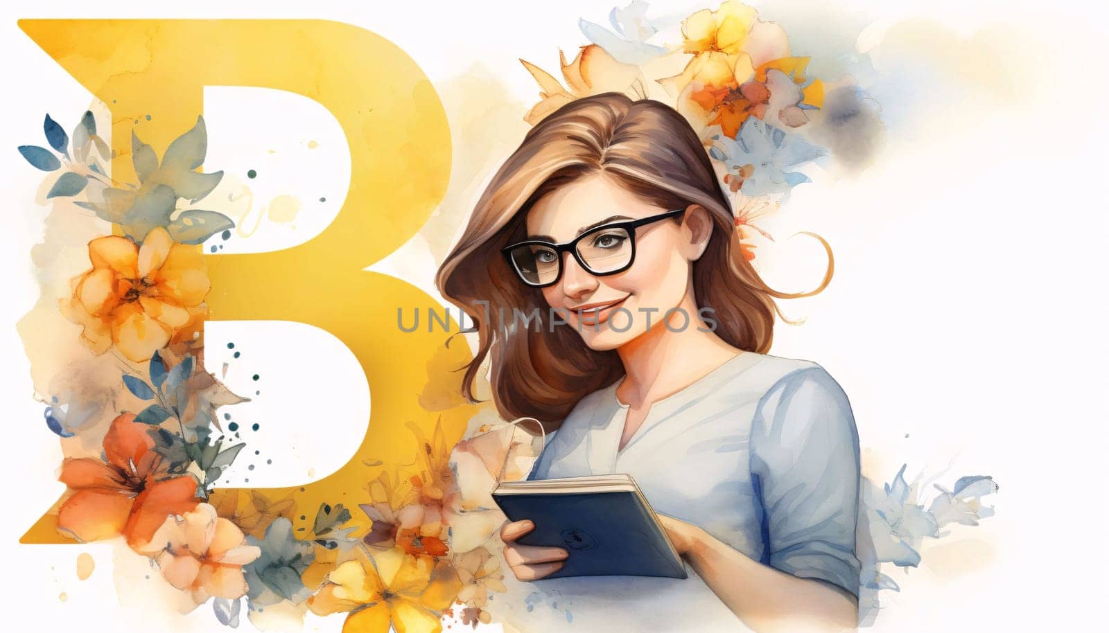 Graphic alphabet letters: Beautiful girl in glasses with a book in her hands. Digital painting.