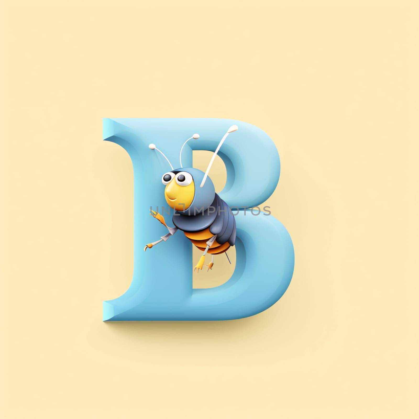 Graphic alphabet letters: Vector cartoon character font. Letter B with insect on yellow background.