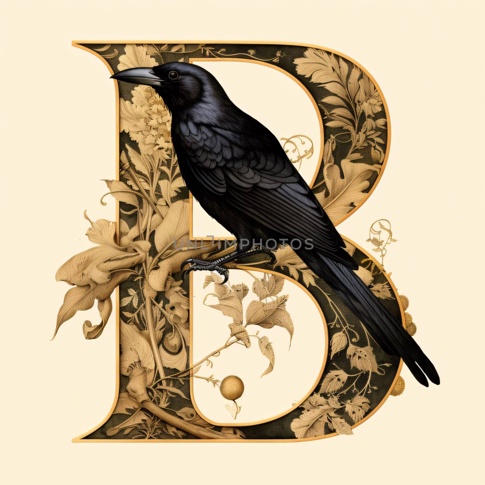 Graphic alphabet letters: Capital letter B with a crow in the style of the Renaissance.