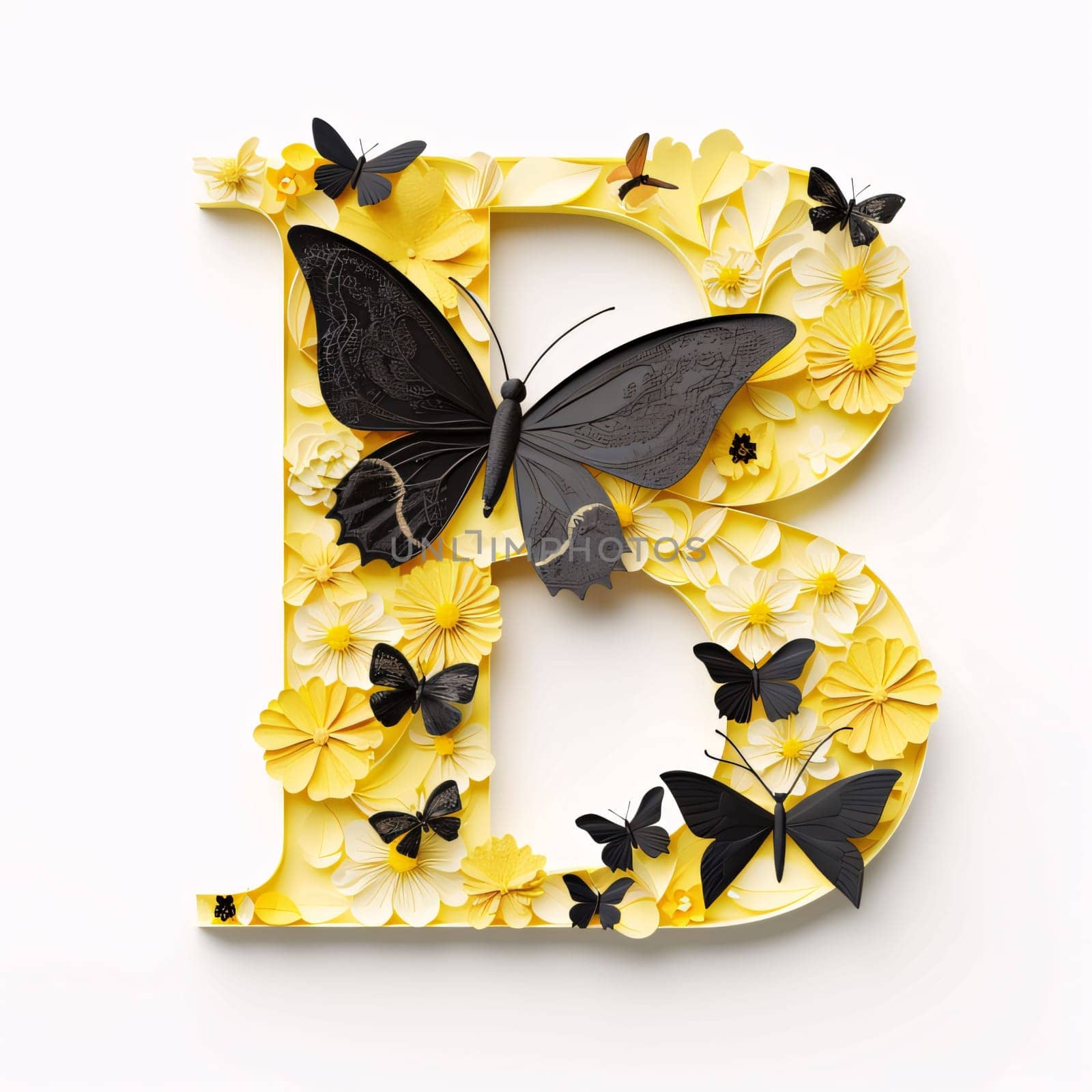 Graphic alphabet letters: Butterfly alphabet, letter B made of paper flowers on white background