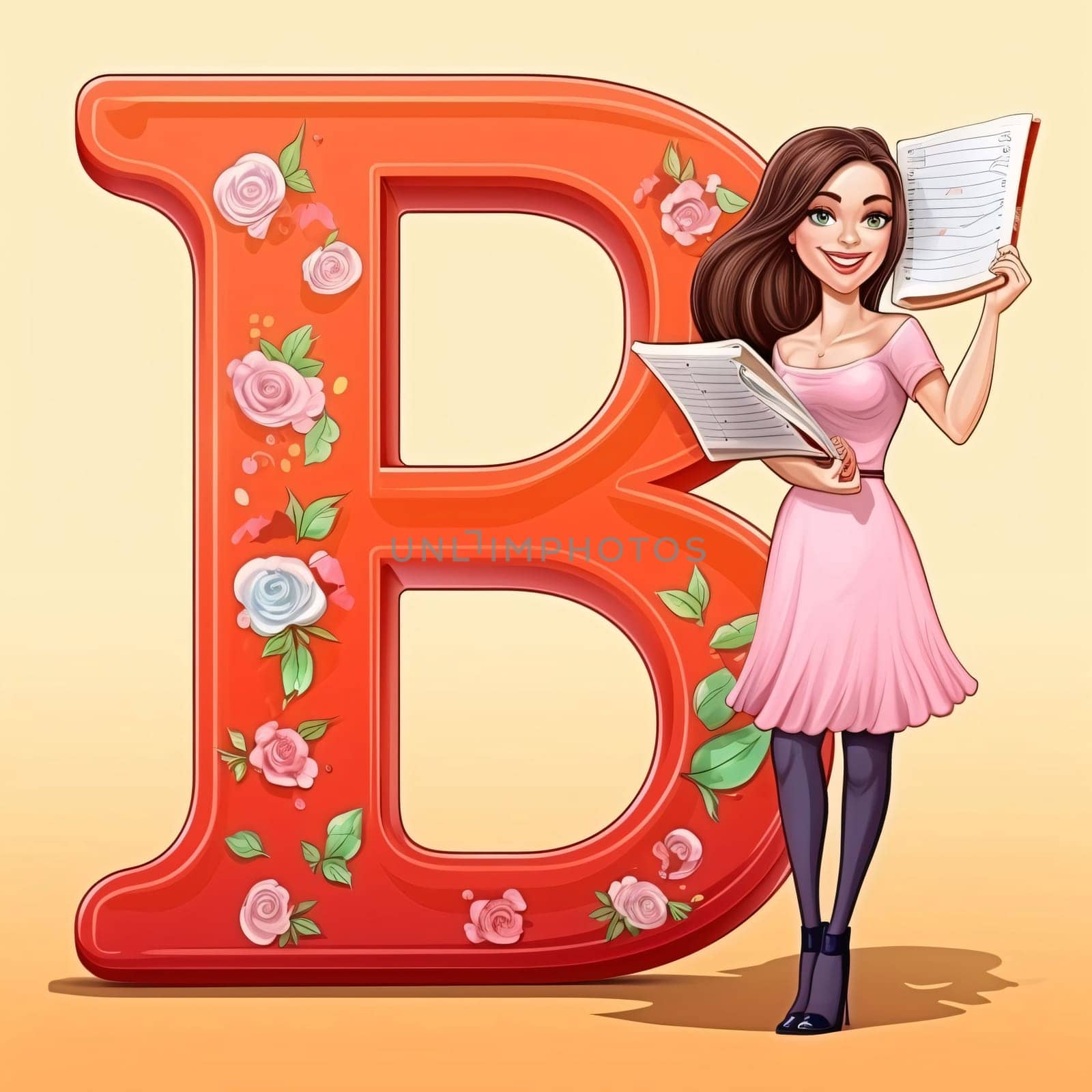 Graphic alphabet letters: Beautiful girl with a book in the form of a letter B