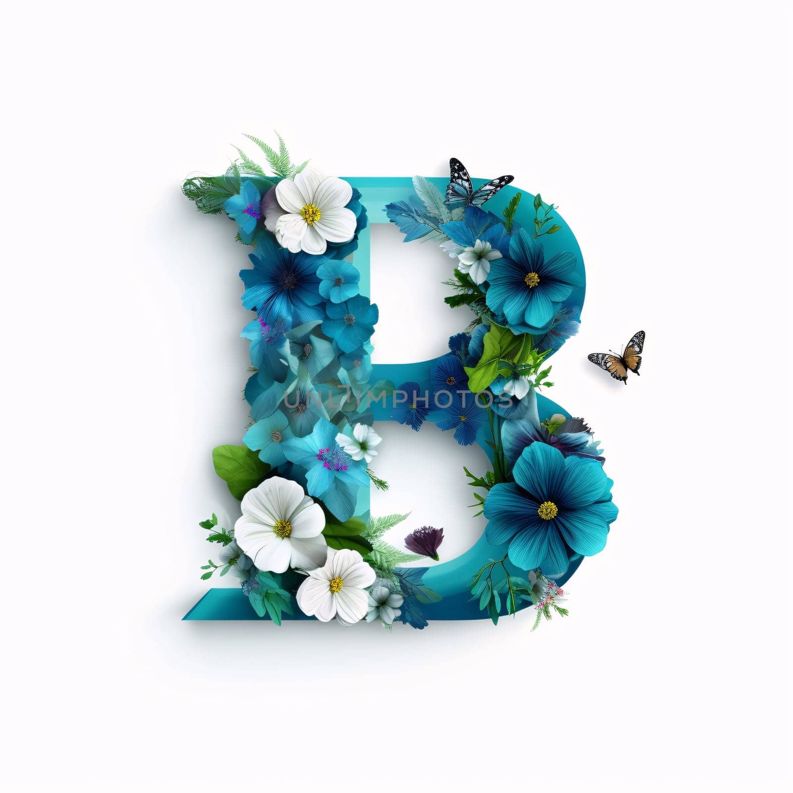 Graphic alphabet letters: Alphabet letter B made of blue flowers and butterflies isolated on white background