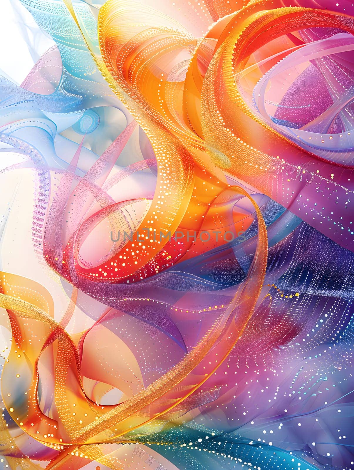 A vibrant close up of a colorful ribbon with shades of water, purple, orange, pink, violet, magenta, and electric blue. The pattern resembles artwork painted on a white background