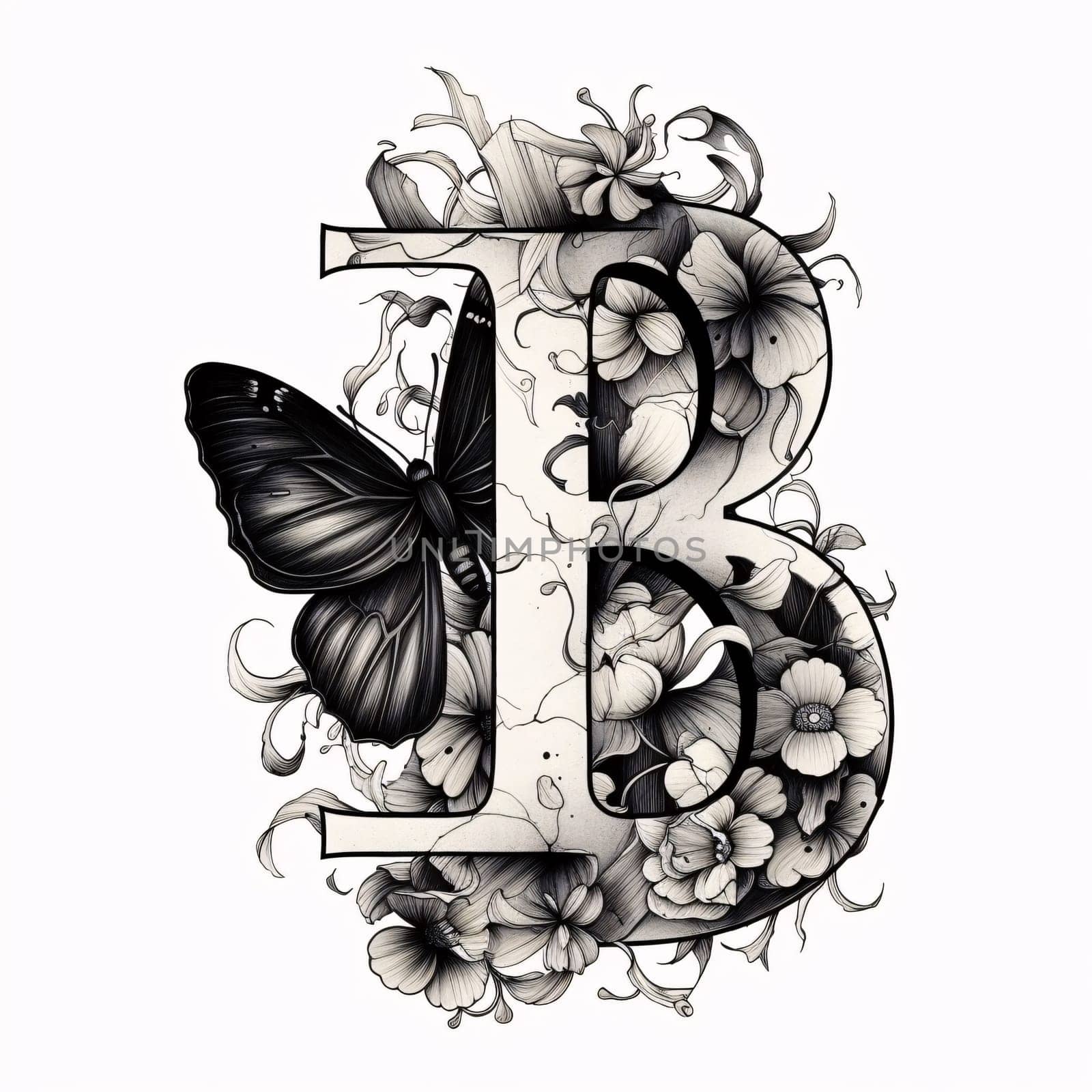 Graphic alphabet letters: Black and white monogram with flowers and butterfly. Letter B in the style of engraving.