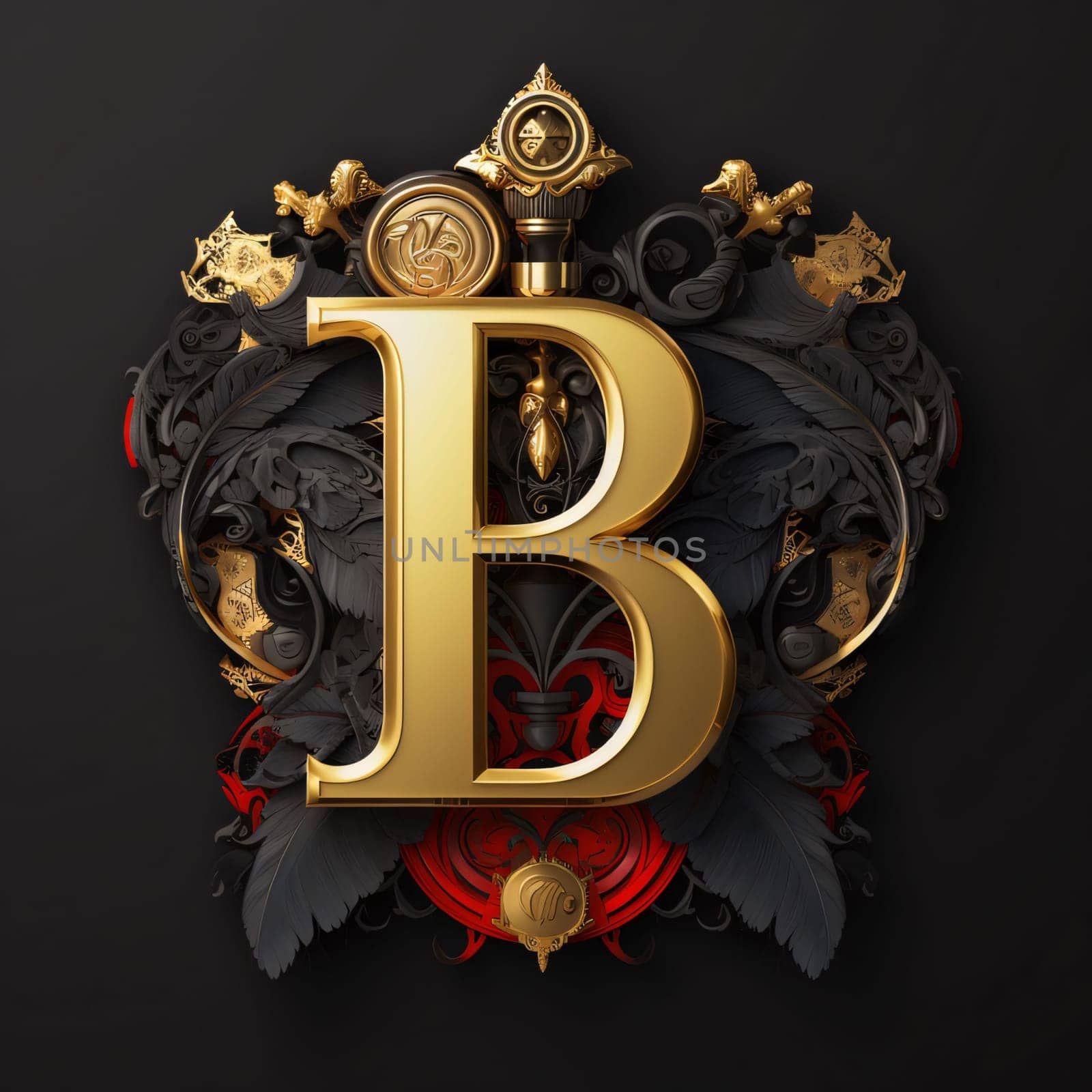Graphic alphabet letters: Golden letter B with a crown on a black background. 3D illustration