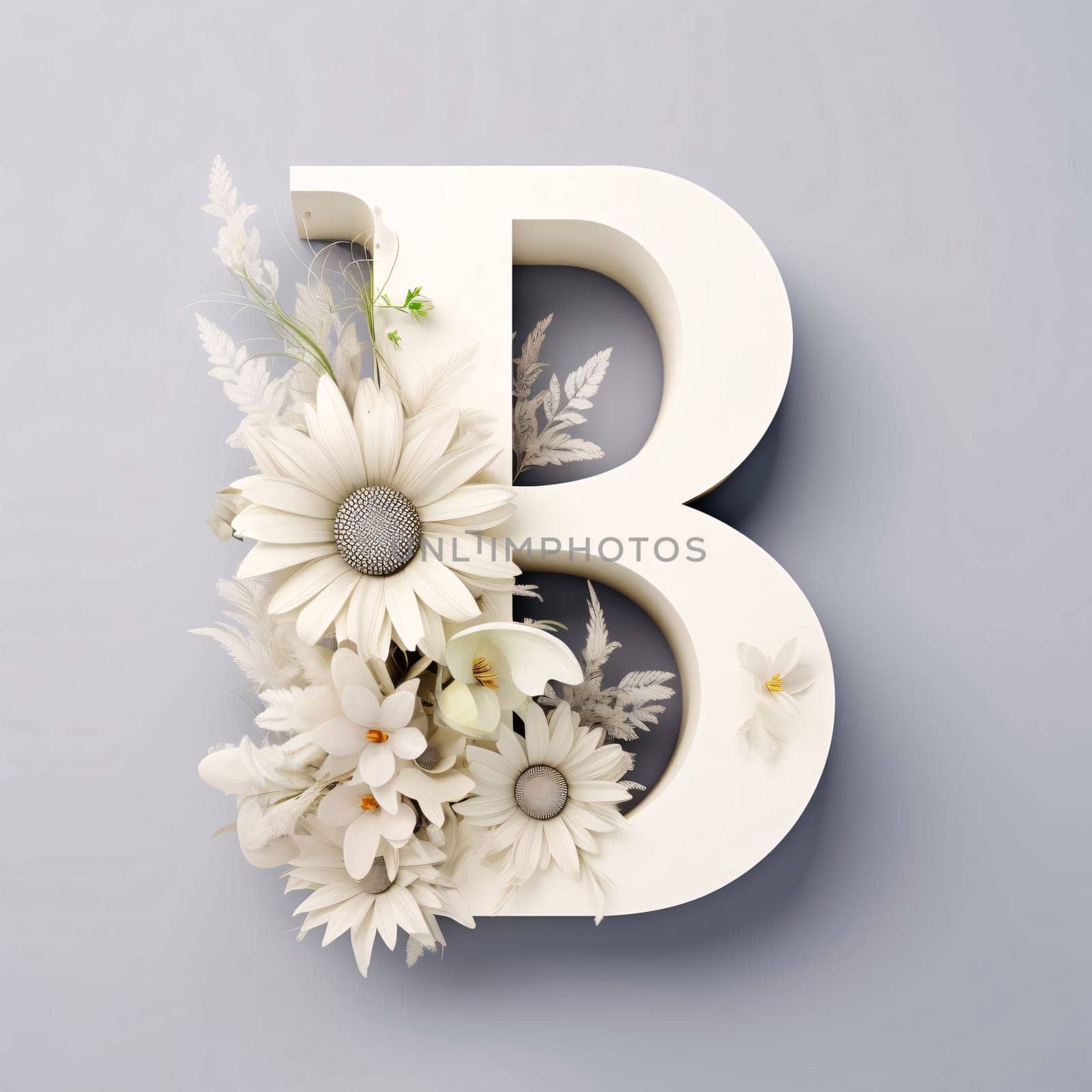 Graphic alphabet letters: White letter B with flowers on a gray background. 3d rendering
