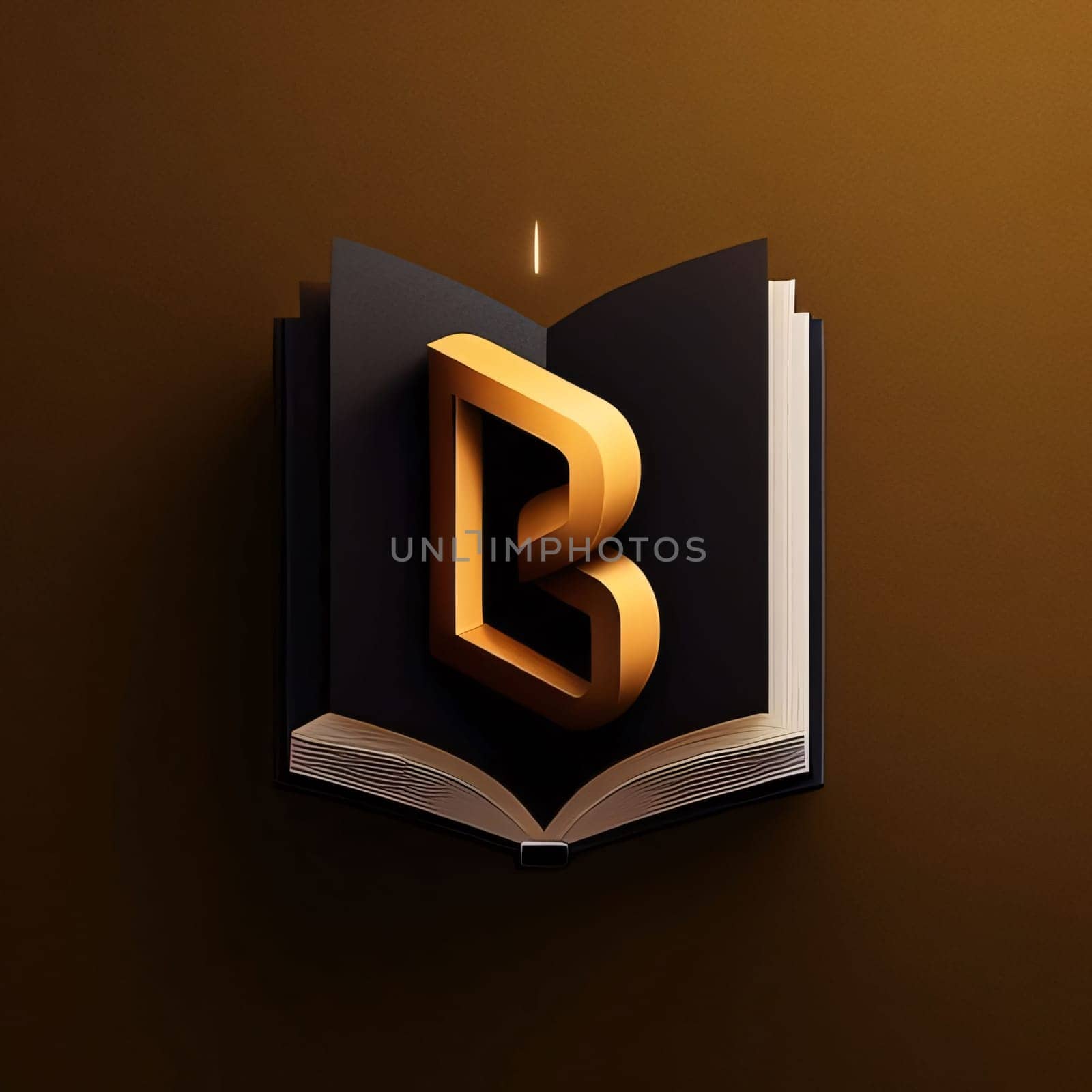 Graphic alphabet letters: Letter B in the book. 3d illustration. Isolated on brown background.