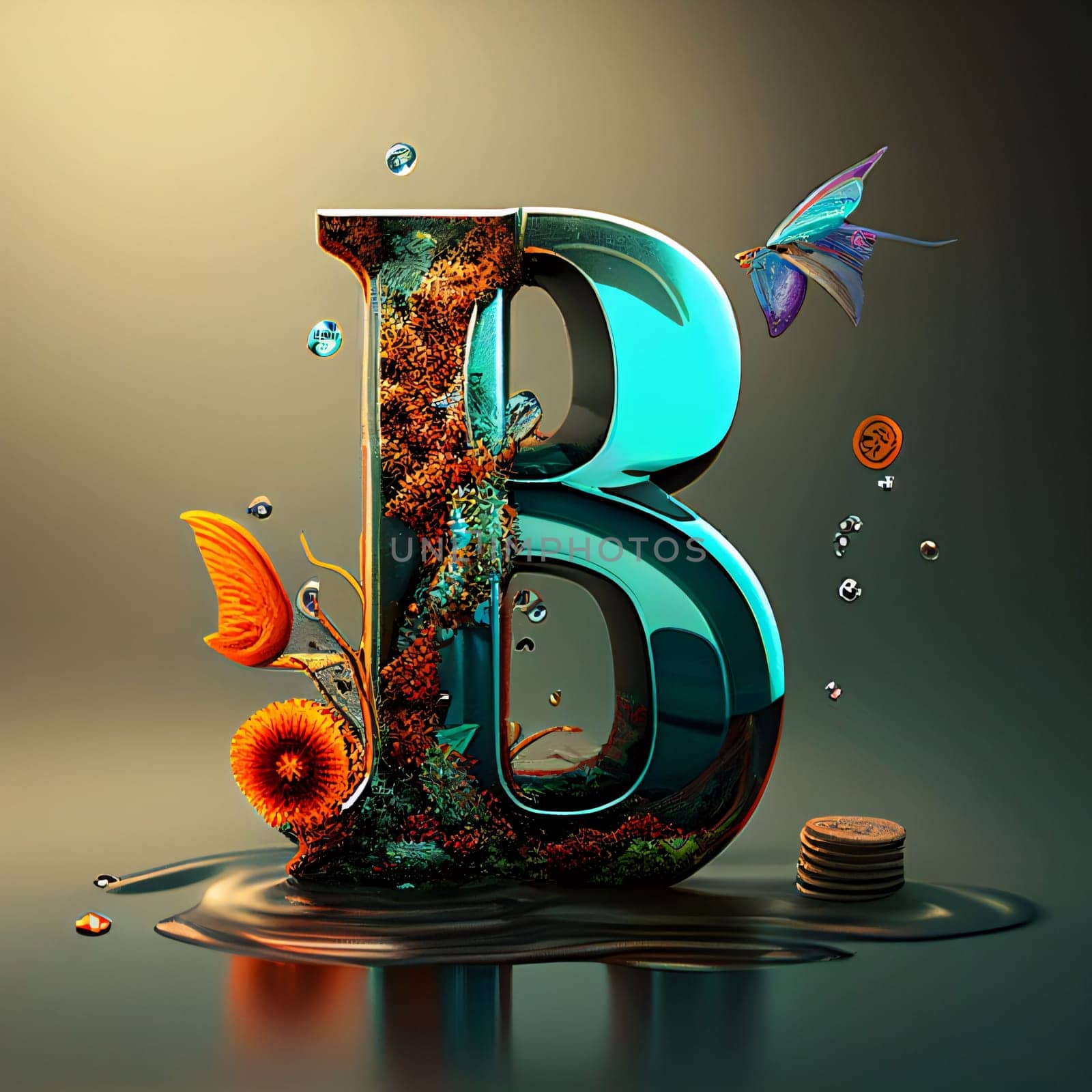 Graphic alphabet letters: Alphabet letter B with butterfly and flowers. 3D illustration.
