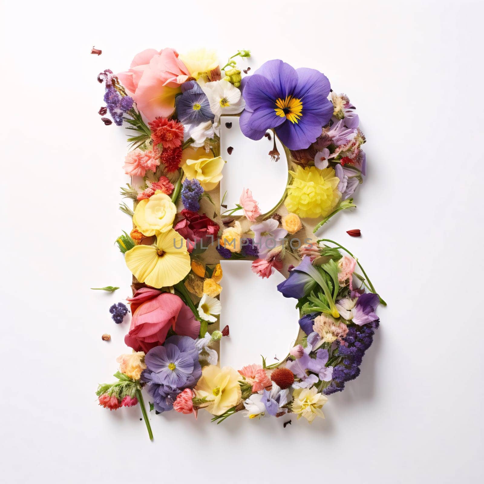 Graphic alphabet letters: Letter B made of flowers on white background. Alphabet made of flowers