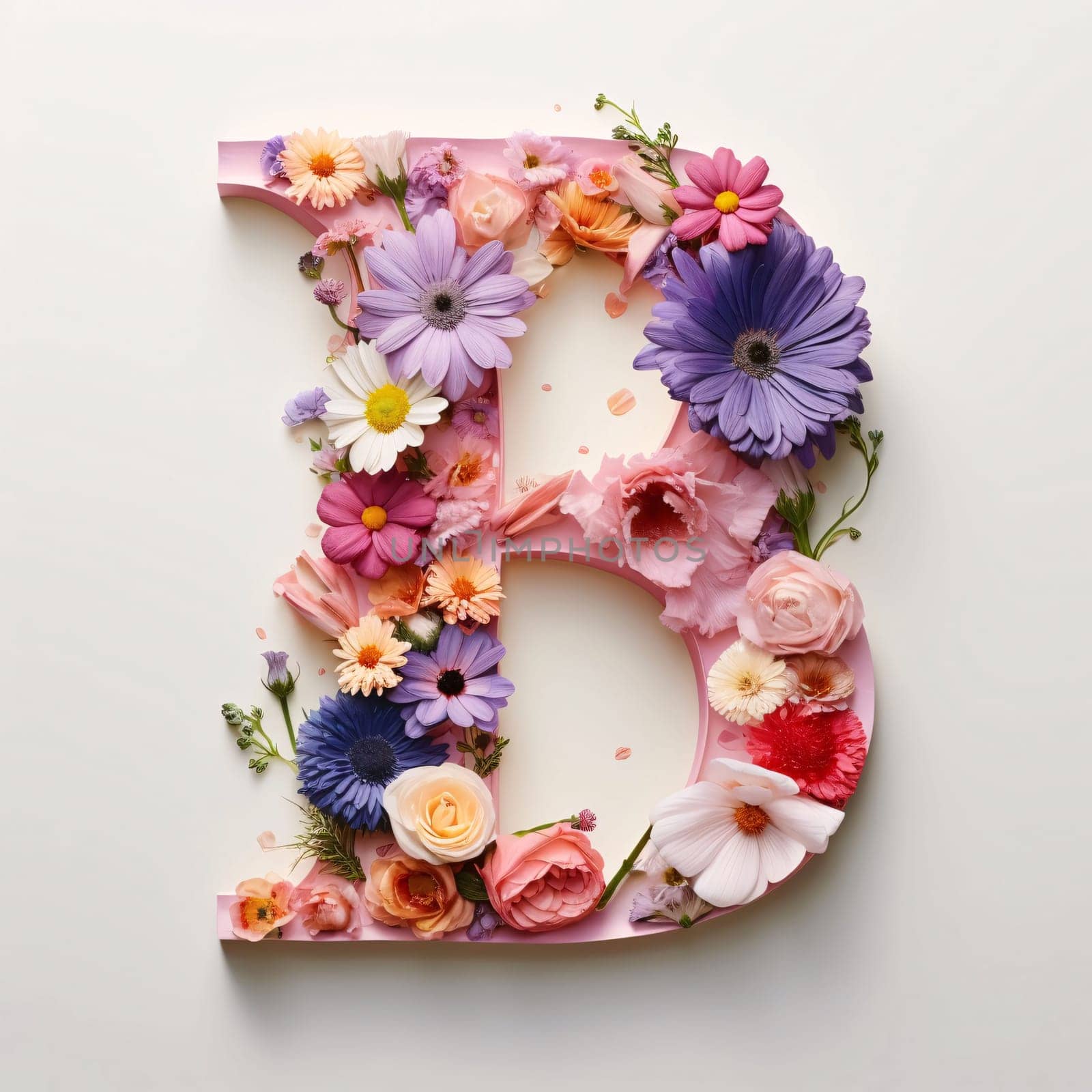 Graphic alphabet letters: Letter B made of flowers on white background. Floral alphabet.