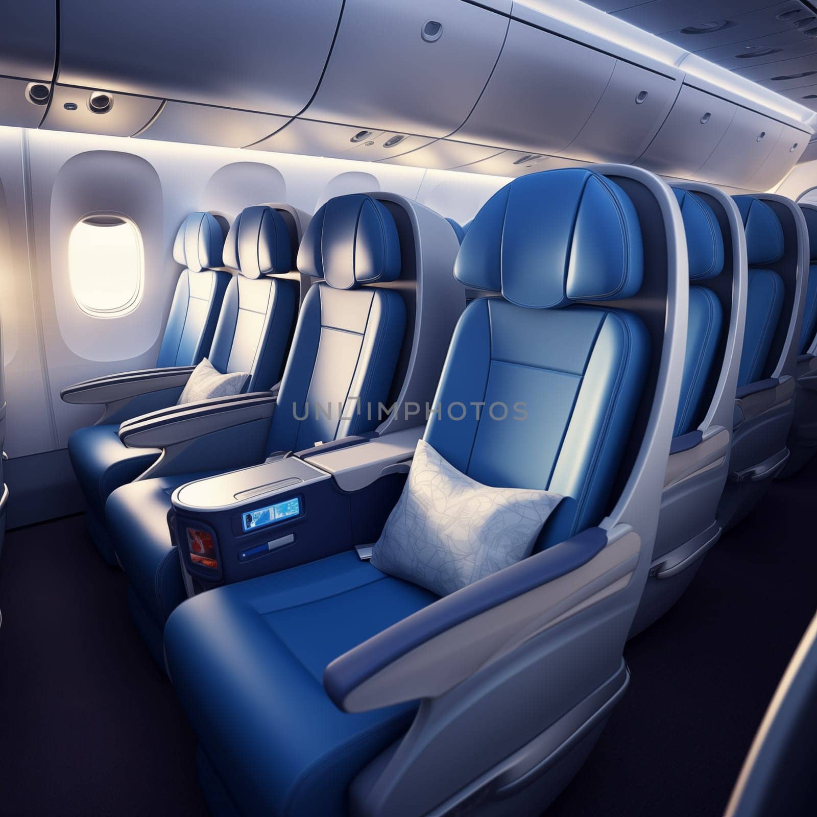 A view of the interior cabin of a Dreamliner commercial airplane, featuring comfortable blue leather seats.