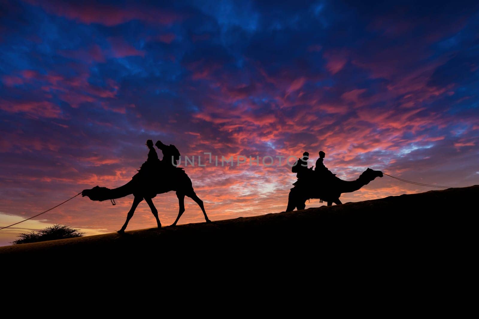Silhouette of camel with two people sitting on it crossing over sand dunes in Sam Jaisalmer Rajasthan India