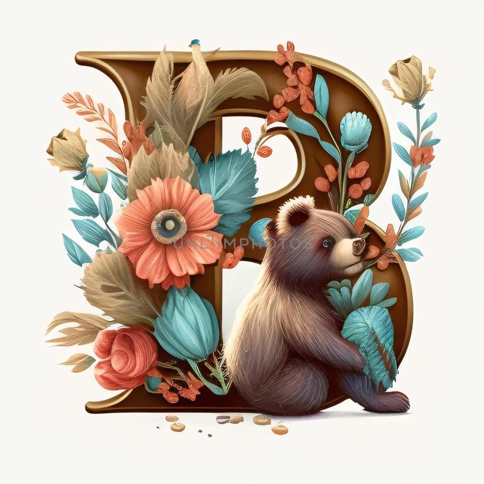 Graphic alphabet letters: Alphabet letter B with cute cartoon bear among flowers and leaves.