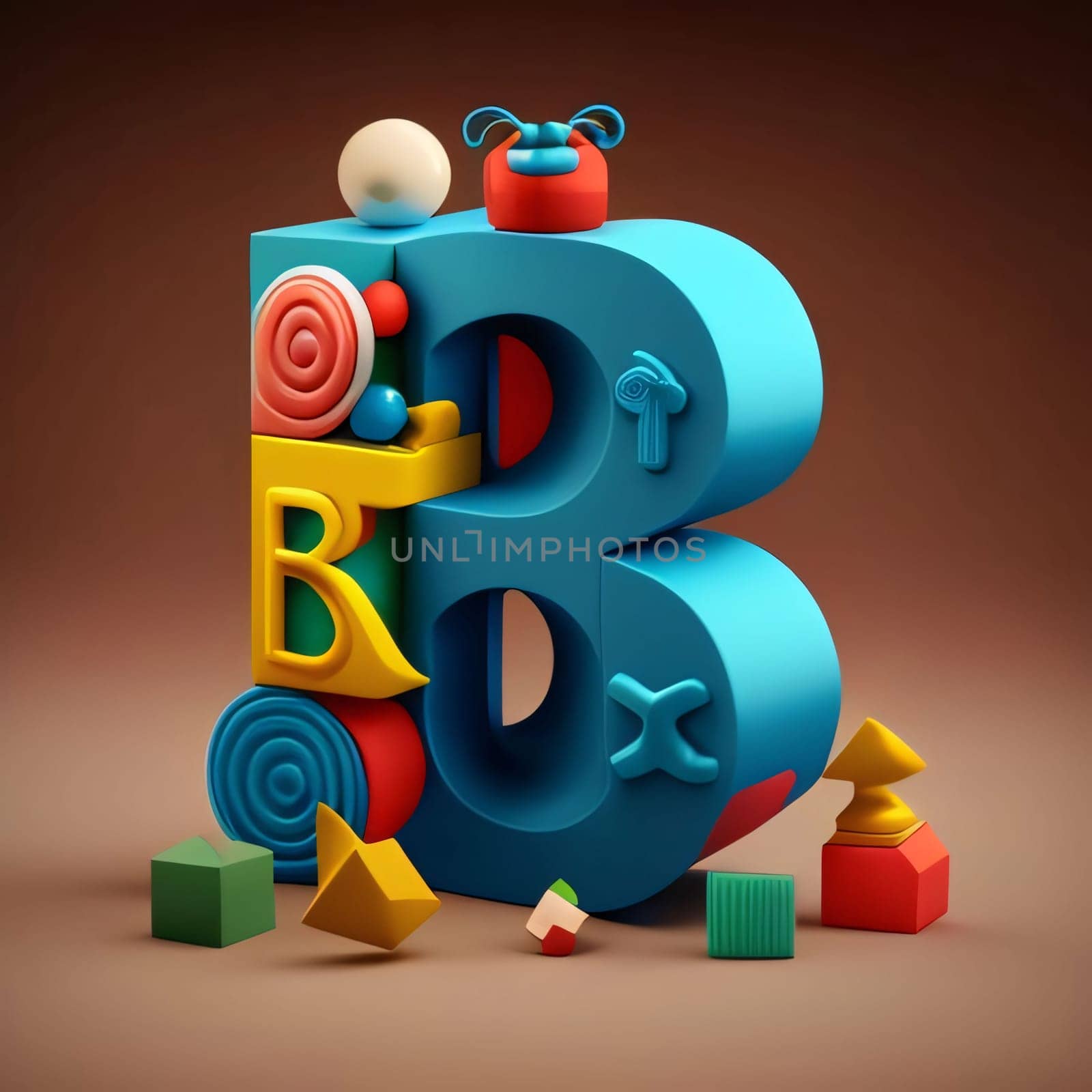 Graphic alphabet letters: 3d illustration of letter B in the form of children's toys
