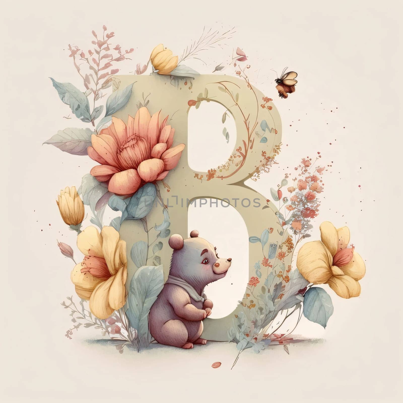 Graphic alphabet letters: Alphabet B with cute bear, flowers and leaves. Vector illustration.