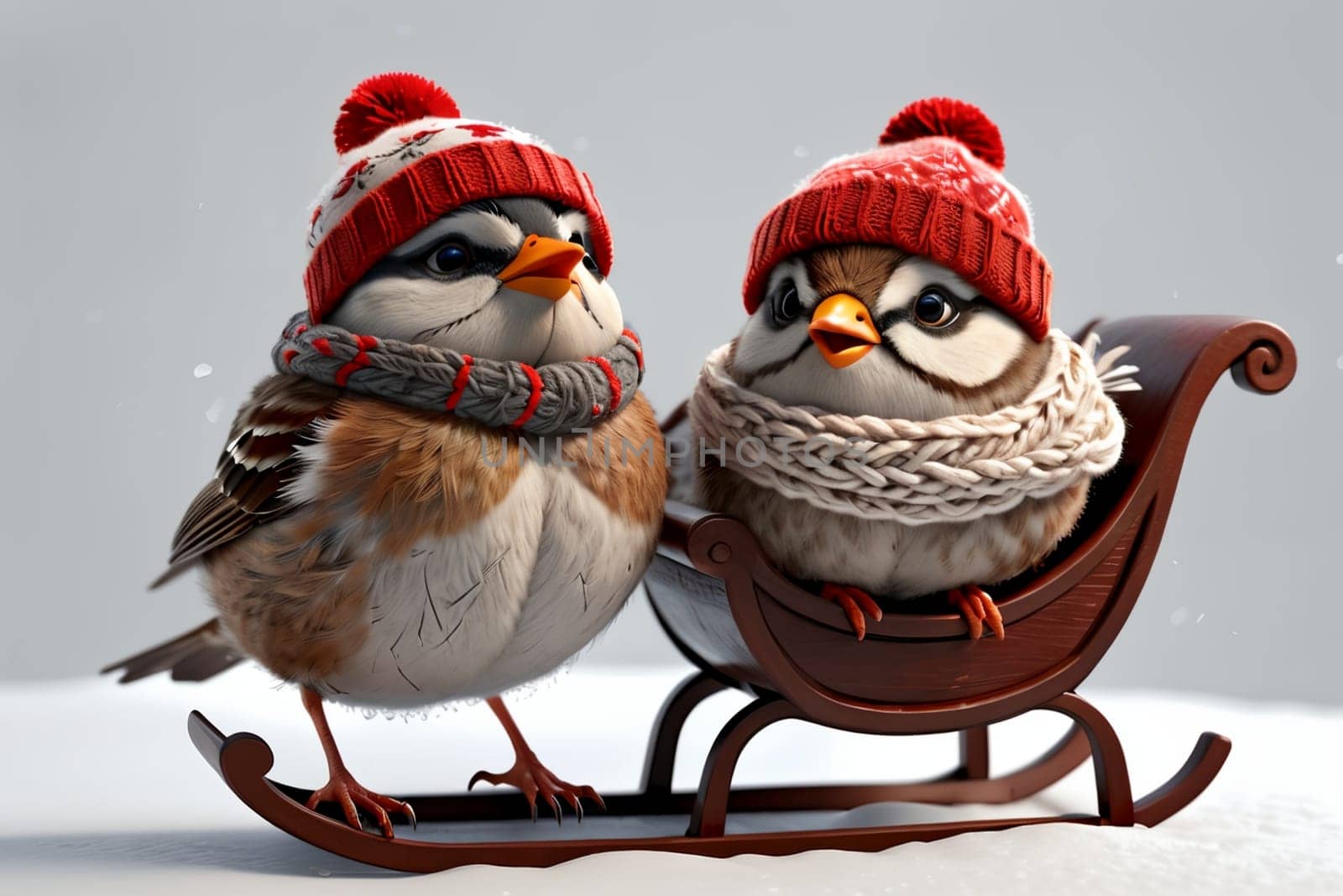 Birds in love in a hat and scarf in winter walk on the street by Rawlik