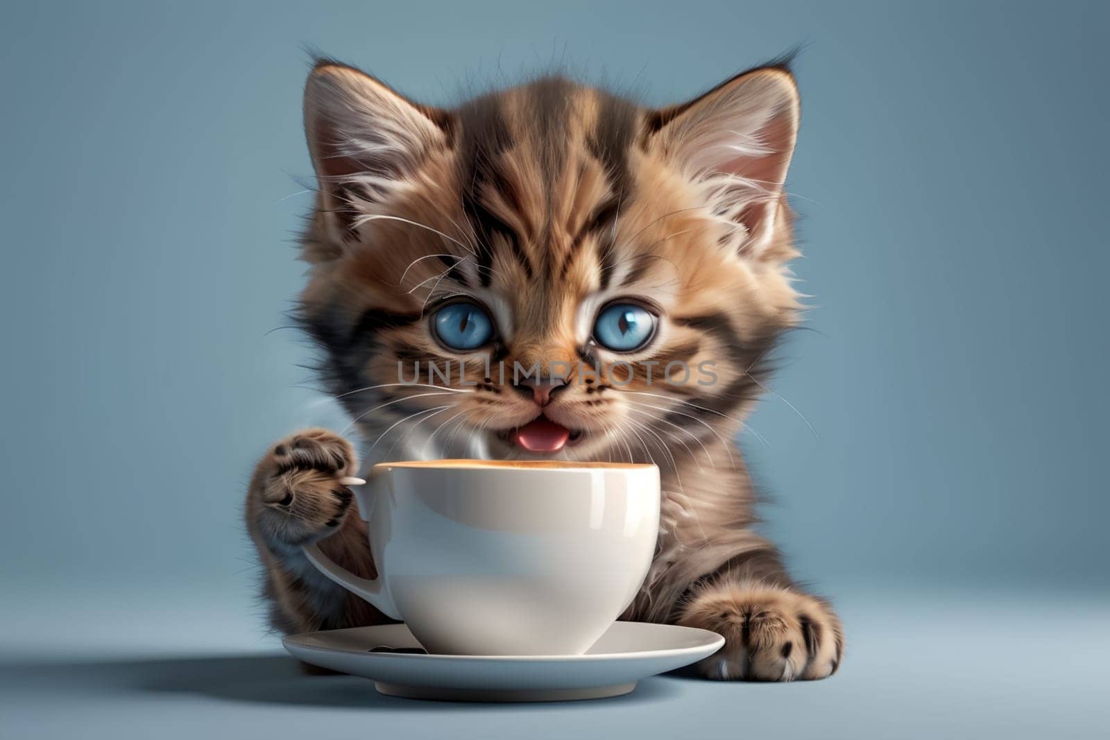 Beautiful young kitten with a cup of hot coffee .