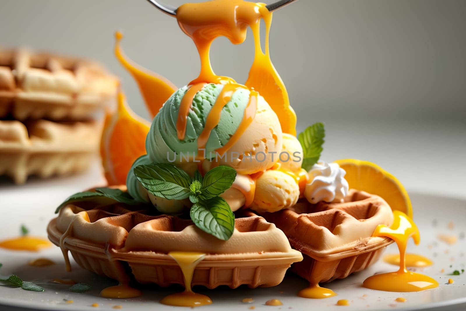 Viennese waffles and balls of juicy mint orange ice cream by Rawlik